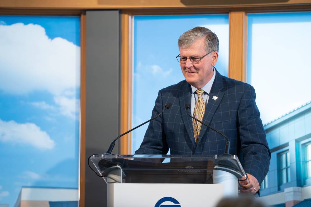 President Thomas J. Haas speaking at the Lynn M. Blue Connection Naming Ceremony